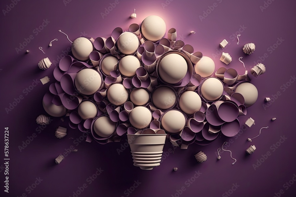 Poster Concept of original thought and new ideas. On a background of purple, a sphere of takeout coffee cups form a light bulb logo. It's time for coffee. Generative AI