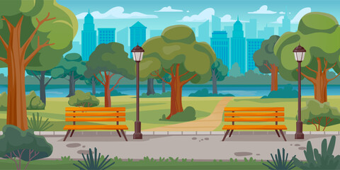 City park. Public alley walkway with green trees, wooden bench and parks lanterns. Panoramic landscape with urban background vector illustration. City skyscrapers near nature outside scene