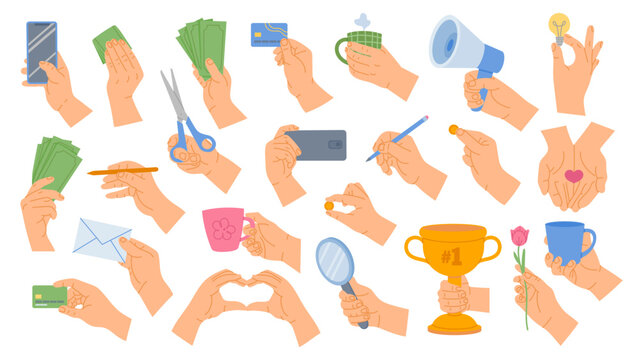 Hand gestures. Human hands hold megaphone, light bulb, pencil and magnifying glass. Palm with envelope, cup, money and heart cartoon vector illustration set. Person with trophy, smartphone