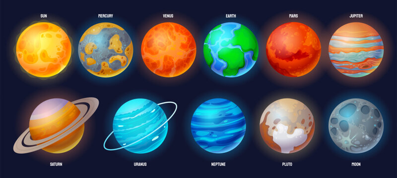 Cartoon solar system planets. Astronomy set with Sun, Mercury, Venus, Earth, Mars, Jupiter, Saturn, Uranus, Neptune, Pluto and Moon vector illustration set. Universe elements, outer space