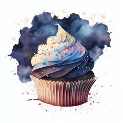 Watercolor cupcake with starry sky cake, Ice Cream starry Night fantasy, Ai generative
