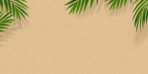 Sand Beach Texture Background with Palm Leaf and Shadow,Vector illustration Flat Lay Top View Tropical Summer beach,Coconut leaves on brown sandy with copy space,Holiday Summer backdrop background - obrazy, fototapety, plakaty