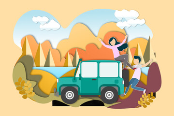 Fototapeta na wymiar travel by car by a romantic couple relaxing in nature in the summer Man and woman relaxing by the clear sky lake text cloud vector illustration