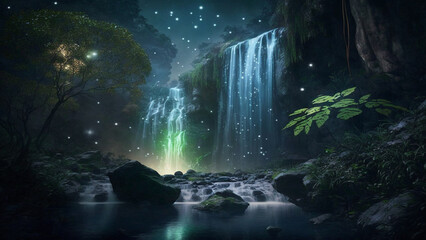Night Sky Full of Stars Over Powerful Waterfall. Greenery Surrounds, Nature’s Night Show.