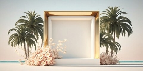 3D podium with copy space for product presentation on abstract Hawaii Palm Beach background. Minimalistic concept of tropical summer and vacation. Frame with flowers near podium background of palm. 