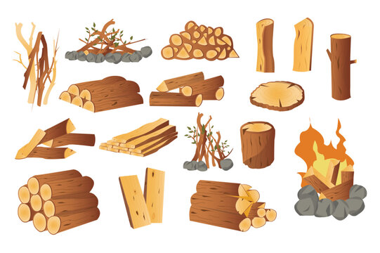 Branches and logs set concept without people scene in the flat cartoon style. Image of logs and branches for starting a fire. Vector illustration.