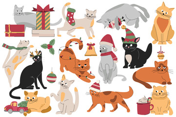 Set concept Christmas cats without people scene in the flat cartoon style. Different cute cats are playing with Christmas decorations. Vector illustration.