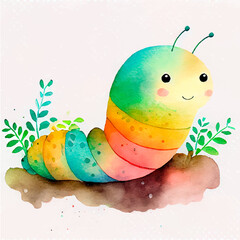 Cute worm character, cartoon watercolor caterpillar, colorful cute funny smiling insect and garden animal of rainbow colors, children book illustration. Adorable kawaii pest crawl, larva, lovely bug