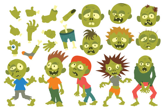 Cartoon zombie characters set concept without people scene in the flat cartoon design. Image of zombies and their body parts. Vector illustration.