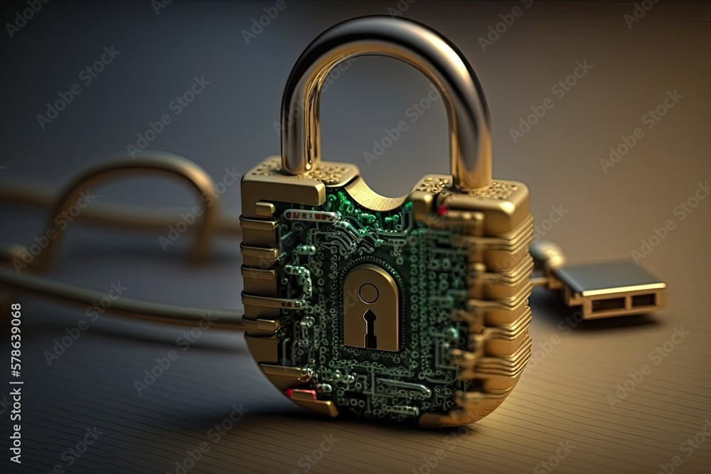 Poster computer security concept a padlock on a circuit board. generative ai