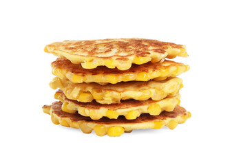 Many tasty corn pancakes on white background