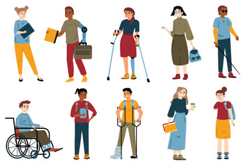 Fototapeta na wymiar Set concept Disabled and healthy students with people scene in the flat cartoon design. Young people with various diseases live a normal student life. Vector illustration.