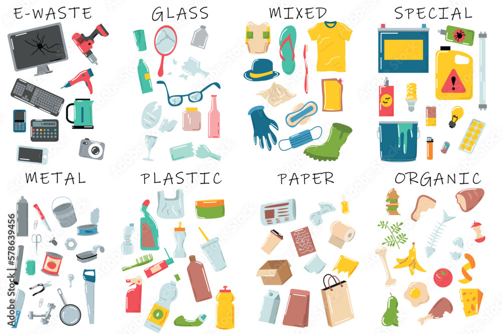Poster garbage types set concept without people scene in the flat cartoon design. instructions for proper w