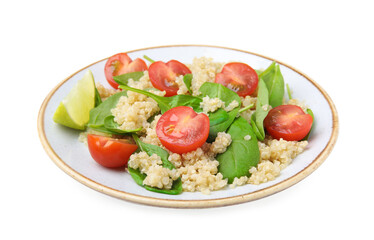 Plate of delicious quinoa salad with tomatoes and spinach leaves isolated on white