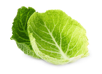 Fresh leaves of savoy cabbage on white background