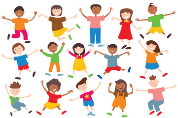 Set concept Happy children with people scene in the flat cartoon style. Different children express their emotions of happiness. Vector illustration.