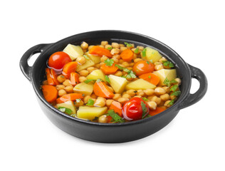 Tasty chickpea soup in bowl on white background