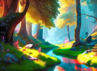 Fototapeta na wymiar Colorful fantasy forest, backdrop for games, 2d illustration made with Generative Ai, 2d, game AI art, forest full of light, fairy tale
