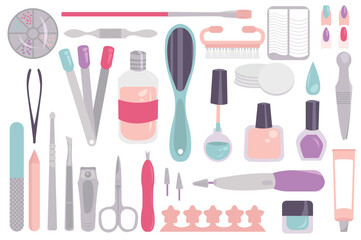 Set concept Manicure and pedicure instruments without people scene in the flat cartoon design. Nail care tools used for manicures and pedicures. Vector illustration.