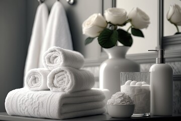 Fototapeta na wymiar Both the bathroom decor and the towels are white. Generative AI