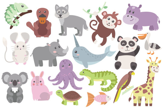 Zoo animals set icons concept without people scene in the flat cartoon design. Image of different animals which we can see in zoo. Vector illustration.
