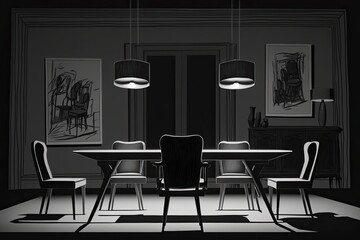 All the furniture, including the chairs and the table, is black. Photoshopped prototype of an illustration. Generative AI