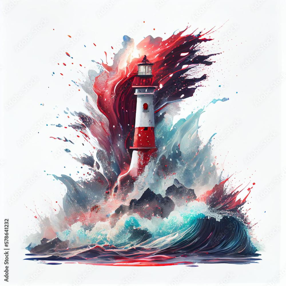 Aufkleber lighthouse with multicolored paints splash. ai generative.