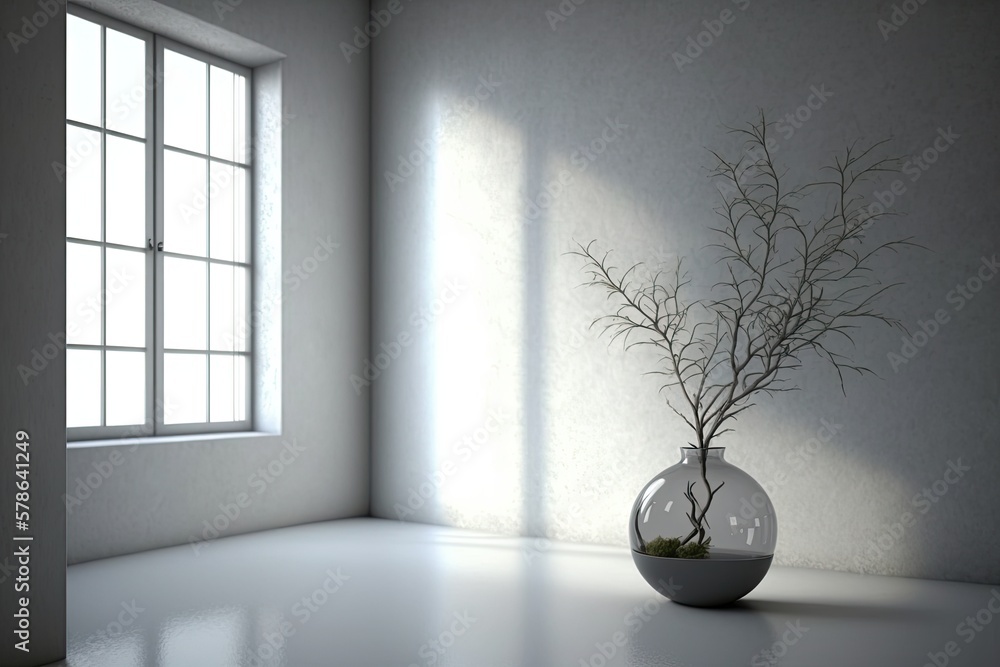 Aufkleber glass vase with branch in the background of an empty room's interior. generative ai