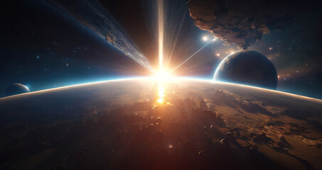 View from planet orbit on rising sun. Distant space worlds. Generative AI