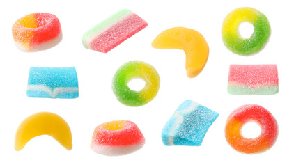 Set of different tasty gummy candies on white background. Jelly sweet