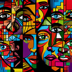 Obraz premium Different abstract mosaic faces. Ethnic diversity of nationalities. AI generative.