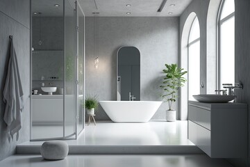 Fototapeta na wymiar Modern bathroom decor featuring gray and white walls, a concrete floor, a glass walled shower enclosure, a white bathtub, and a towel and bottle topped vanity. Generative AI