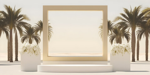 3D podium with copy space for product presentation on abstract Hawaii Palm Beach background. Minimalistic concept of tropical summer and vacation. Frame with flowers near podium background of palm. 