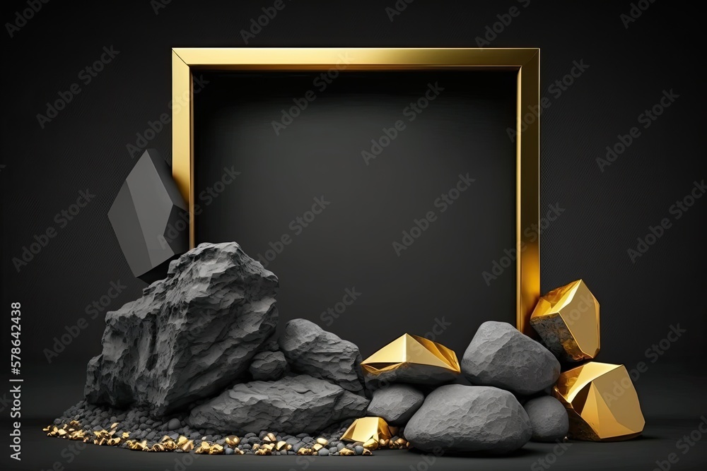 Poster empty showcase scene with a black geometric background, rocks for ground, and a golden square frame 