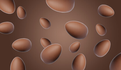 Many chocolate eggs falling on brown background