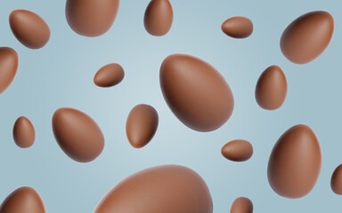Many chocolate eggs falling on dusty light blue background