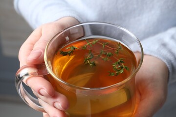 Woman holding cup of tasty herbal tea with thyme, closeup