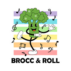 Dancing broccoli on rainbow background. Vector illustration.
