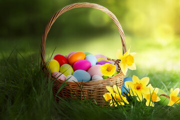 Wicker basket with painted Easter eggs and daffodils in green grass