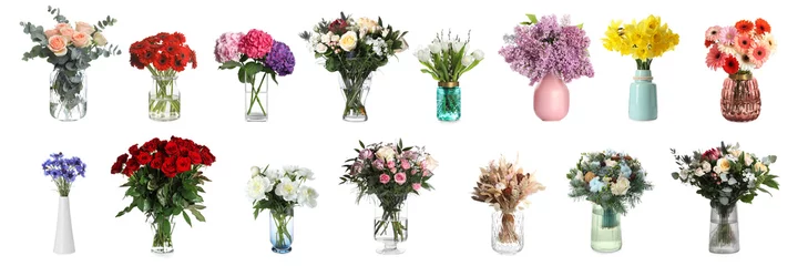 Wandcirkels tuinposter Collage with many beautiful bouquets and flowers in different vases on white background © New Africa