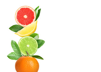 Stack of different fresh citrus fruits with green leaves on white background