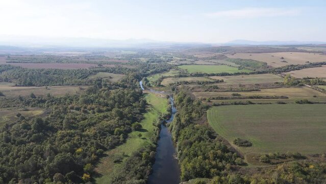 Amazing Aerial view of Vit river, passing near village of Aglen, Lovech Region, Bulgaria
