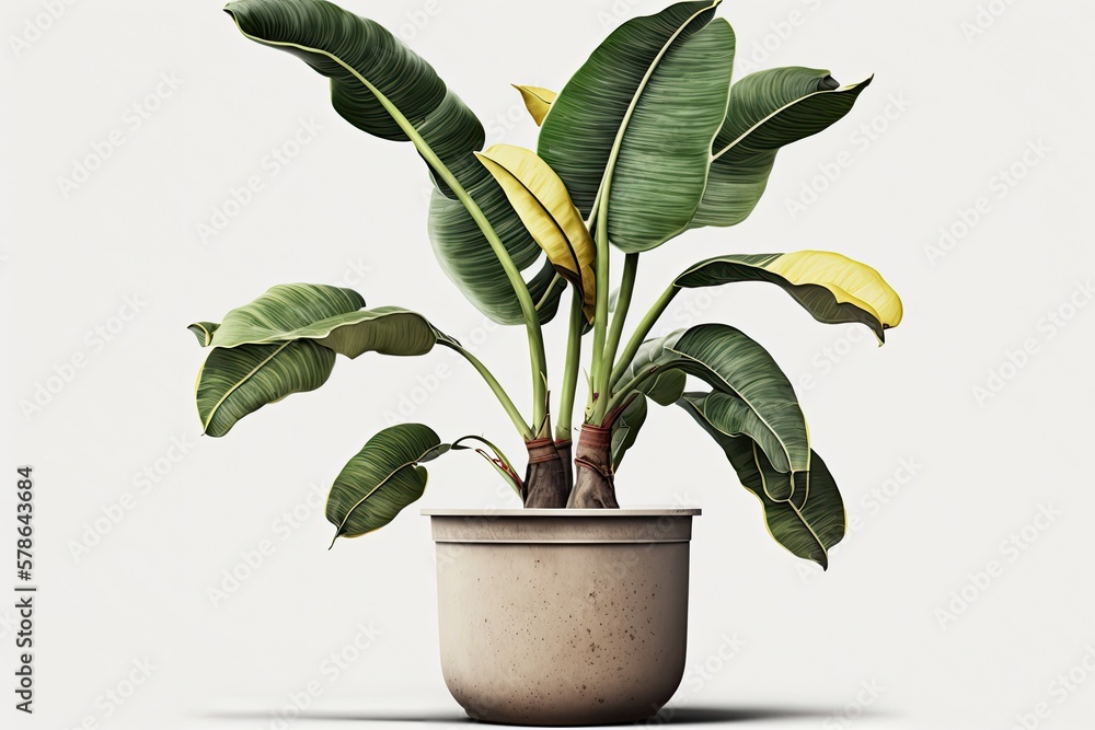 Canvas Prints Banana plant in a pot, in front of a white background. Generative AI