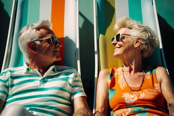 A man and a woman in their 60s are relaxing on the seashore near the palm tree, looking at each other and smiling. Happy older people. Generative AI.
