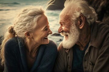 A man and a woman in their 60s are relaxing on the seashore near the palm tree, looking at each other and smiling. Older people on vacation. Generative AI.