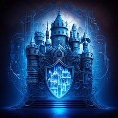 Castelo futurista, proteção de segurança cibernética, luz azul elétrica que cria um ambiente tecnológico, com detalhes em aço escovado e ilustrações de circuitos integrados. Generative AI - obrazy, fototapety, plakaty