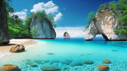 Island Beach Paradise with Turquoise Waters. Tropical Getaway, Nature’s Splendor.