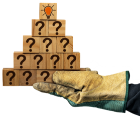 Concept of creative idea and innovation. Gloved hand holding a group of wooden blocks with brown question marks and a wooden cube with a light bulb, isolated on white or transparent background. Png.