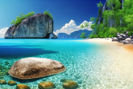Crystal Clear Waters of Paradise Beach on Island. Tropical Escape, Serene Seascape.