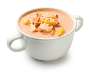 bowl of salmon and tomato soup